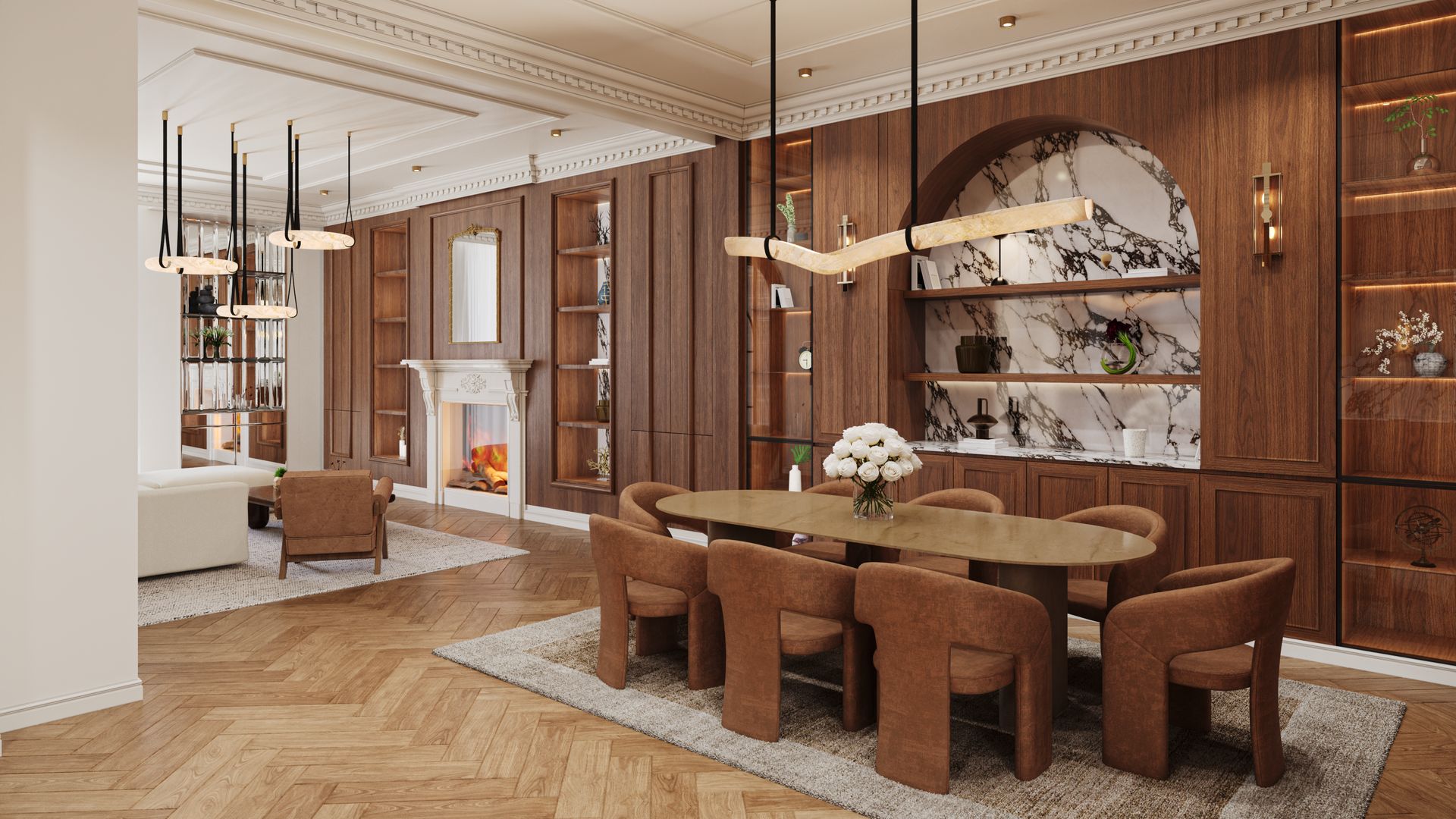 Walnut-paneled dining room with marble accent